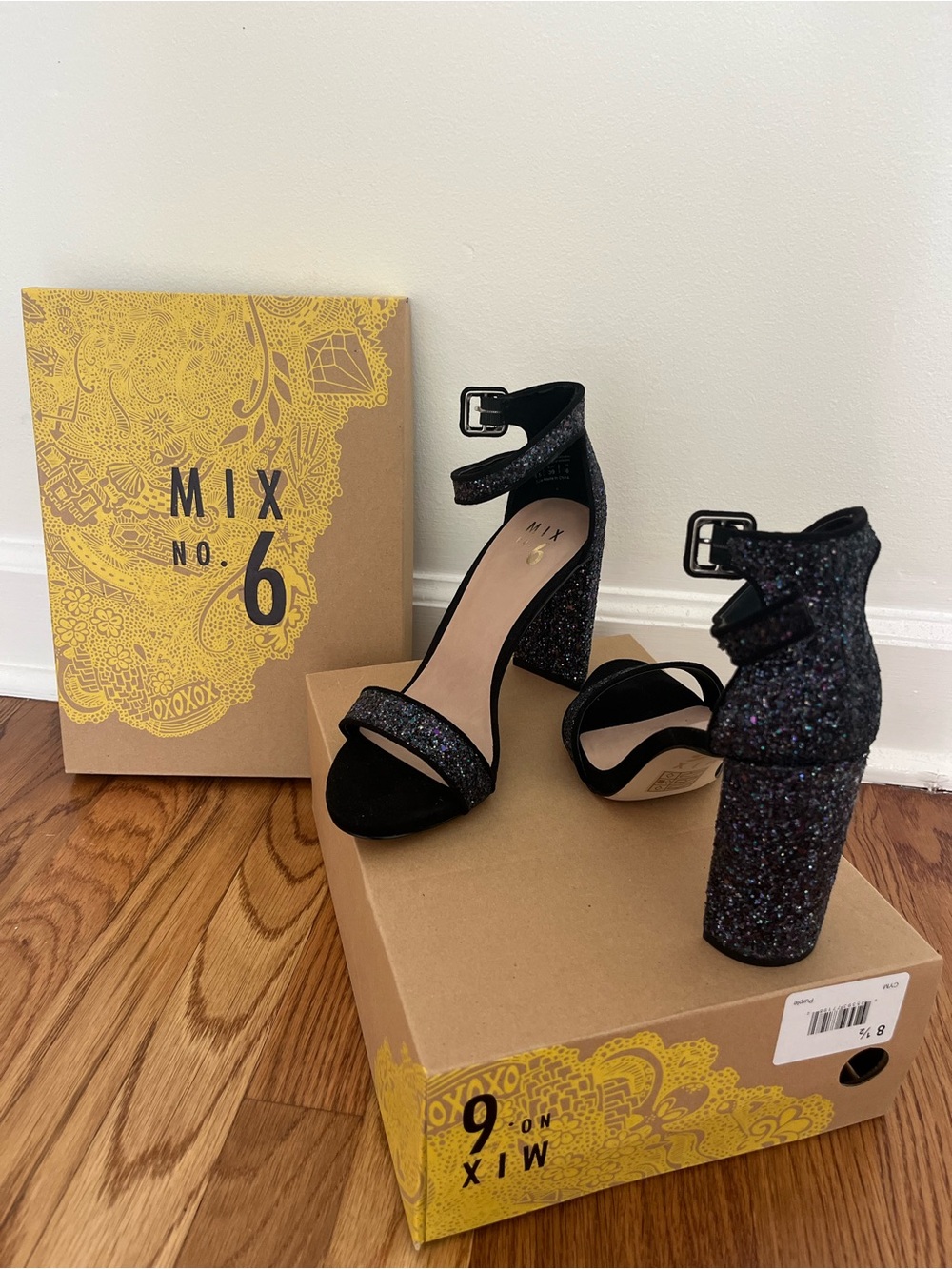 Mix No. 6 Black Glitter Block Heel Ankle Strap Sandals